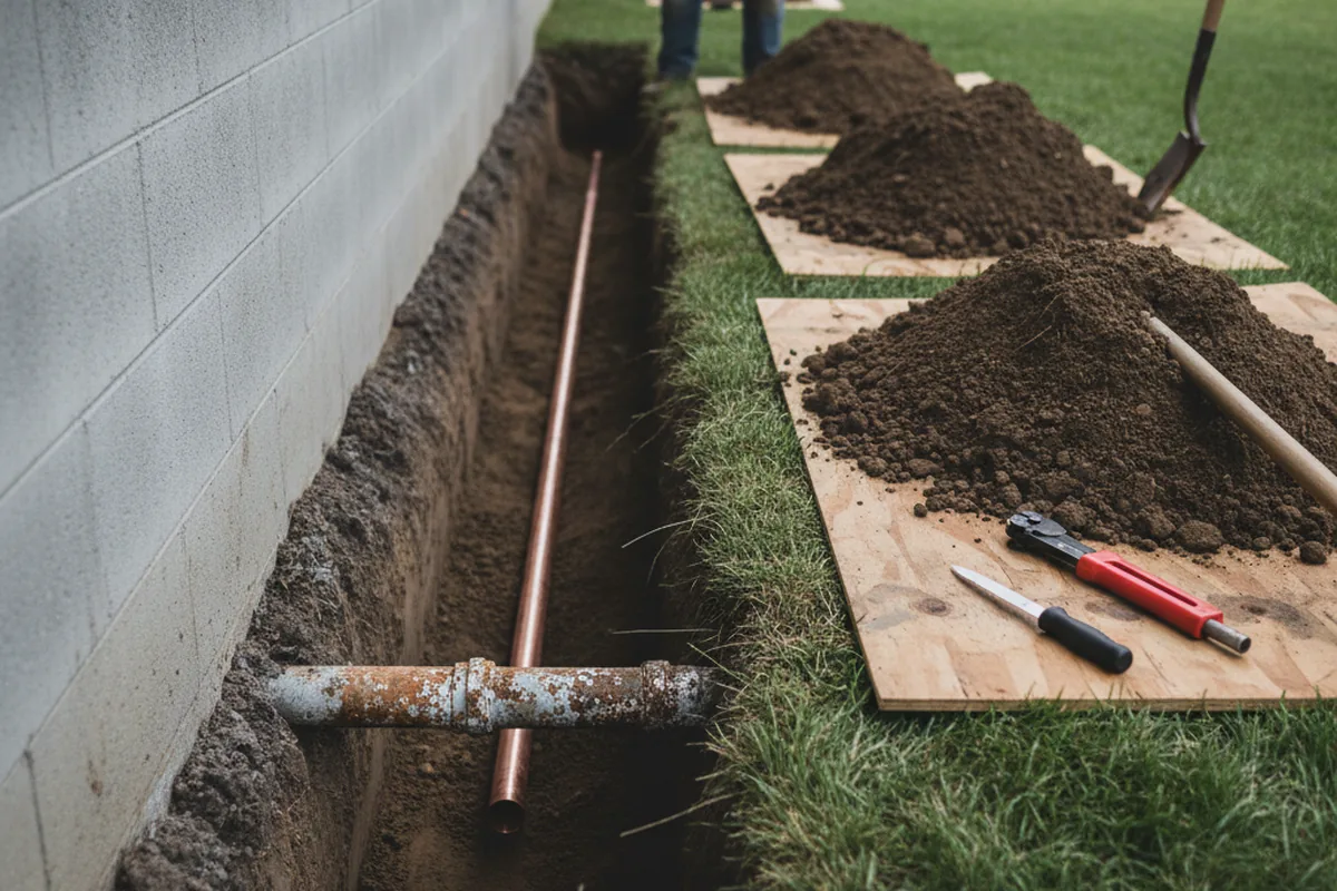 Excavated water line trench during Water Heater Repair in Morral